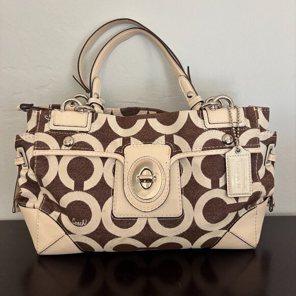 Coach Payton Op Art Brown and Off White Signature C Canvas Leather Carryall - Picture 1 of 16